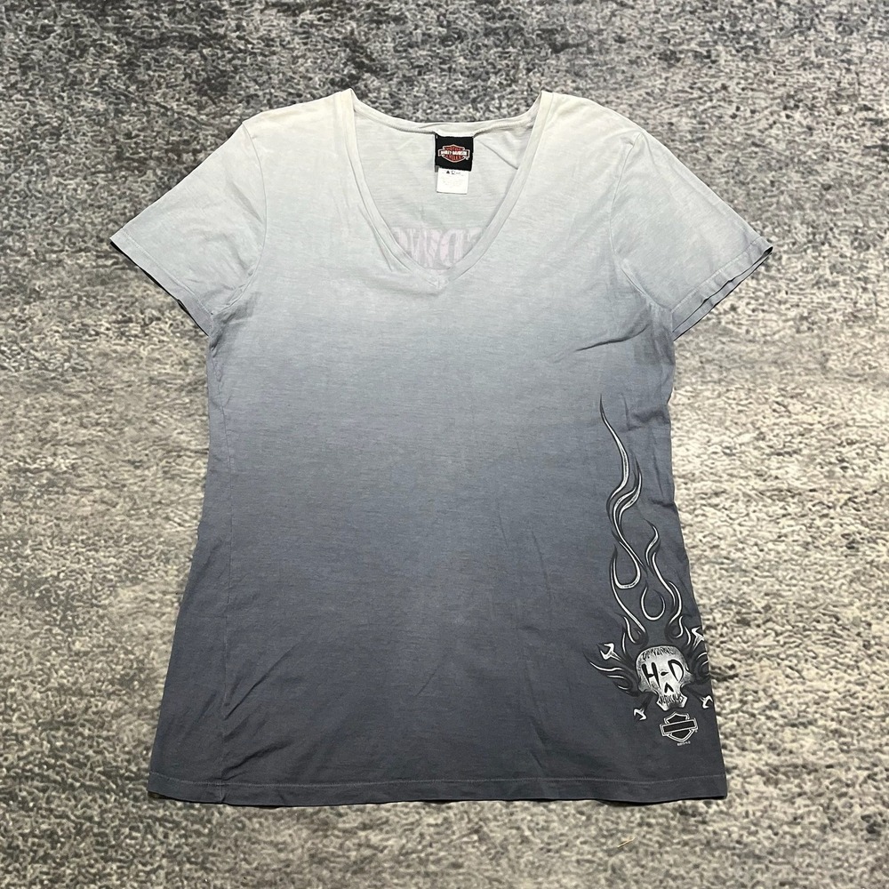 Harley Davidson Shirt Womens Large Gray Ombre Skull Flames Biker‎ Motorcycle